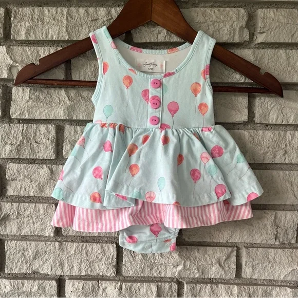 SweetHoney Light Blue Pink Balloon Printed Skirted Bodysuit Size 12 Months